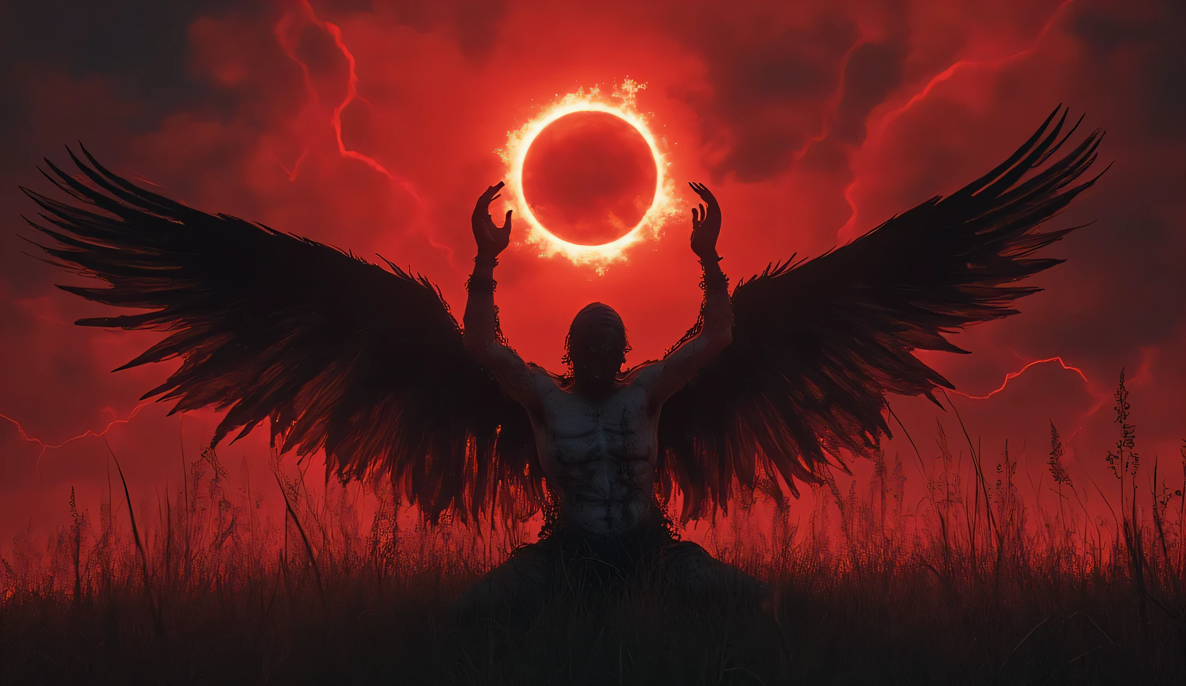The great black-winged angel. He's exhausted. His head is shackled in a creepy black helmet resembling the head of a raven. He has a pale body covered in blood. The body is wrapped in creepy black chains. He is on his knees, raising his hands to the sky. There is a solar eclipse in the sky. Red lighting. He's sitting in the tall grass.