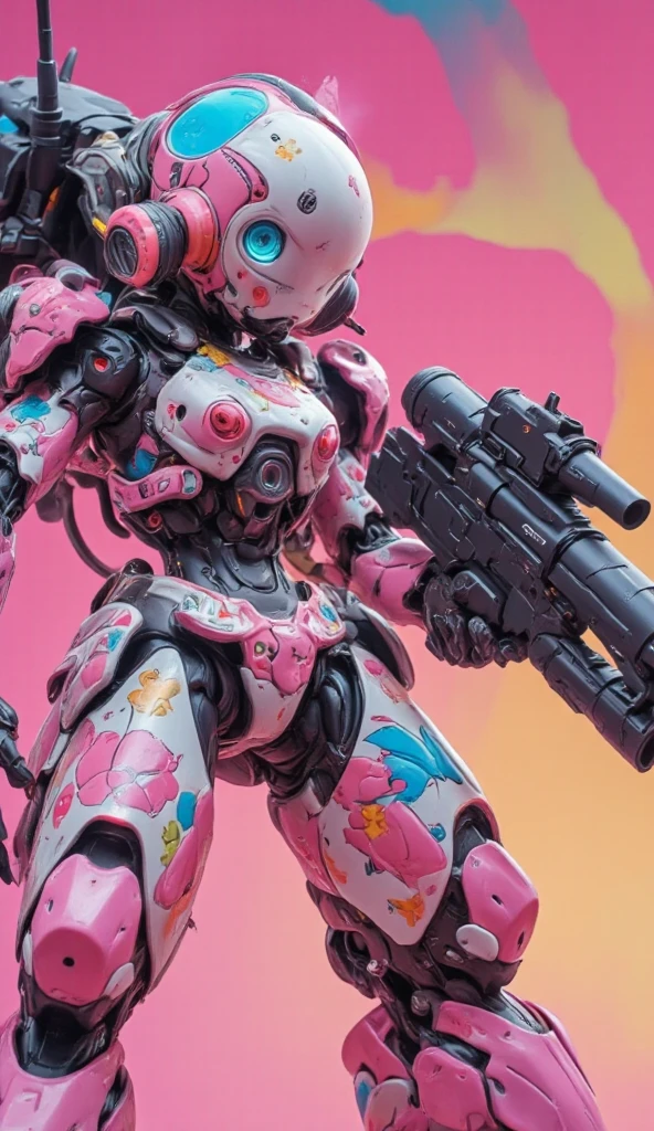 cute girly robot, colorful flower pattern on body, equiped heavy beam-gatling-gun at back, kawaii mood, Joints and gaps glowing pink. holding teddy-bear.hardcore machine. newest anime style,cute pop background,high brightness.vivid color, pop, relax mood