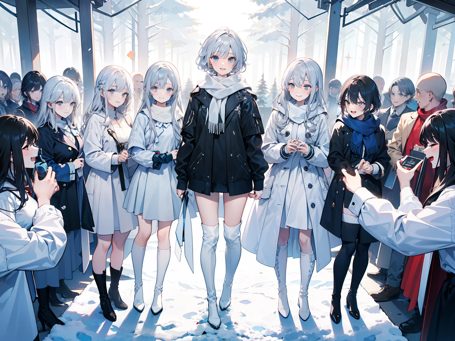  Light Blue Eyes ， princess cut ，Gray Hair， white thigh boots ， white gosolita ， white knee-high socks， white ribbon，Like the whole body， sweep bang ， with semi-closed eyes ， long white scarf ，forested ，  knight ，winter，n Masterpiece ，4K，  Award-Winning Photos  ， is very detailed，finely detailled， very detailed women ， Girls， extremely detailed eyes and face ， standing with different breasts ， Best Quality ， smiles, happiness/joy,  eyes sparkle, 