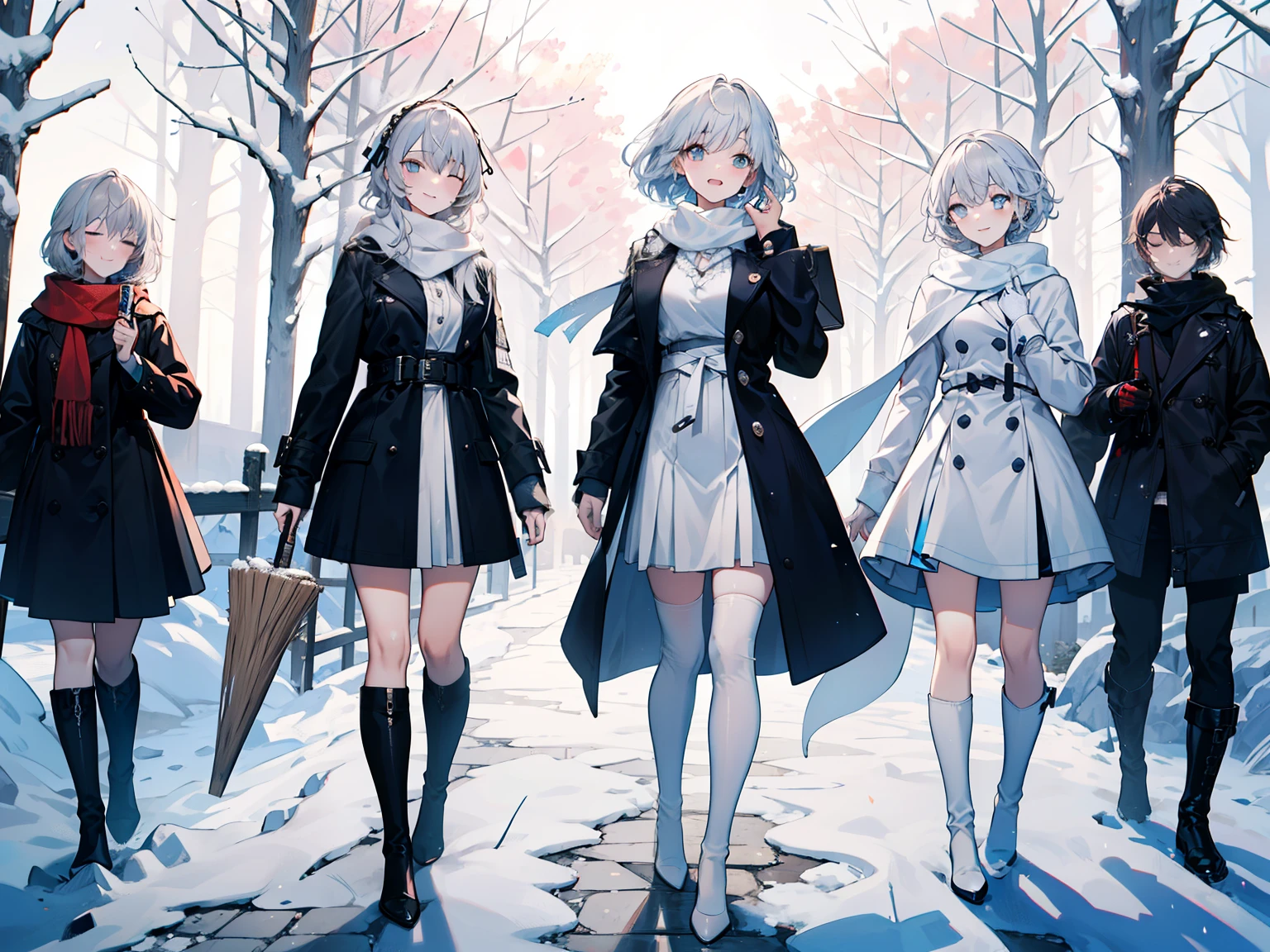  Light Blue Eyes ， princess cut ，Gray Hair， white thigh boots ， white gosolita ， white knee-high socks， white ribbon，Like the whole body， sweep bang ， with semi-closed eyes ， long white scarf ，forested ，  knight ，winter，n Masterpiece ，4K，  Award-Winning Photos  ， is very detailed，finely detailled， very detailed women ， Girls， extremely detailed eyes and face ， standing with different breasts ， Best Quality ， smiles, happiness/joy,  eyes sparkle, 