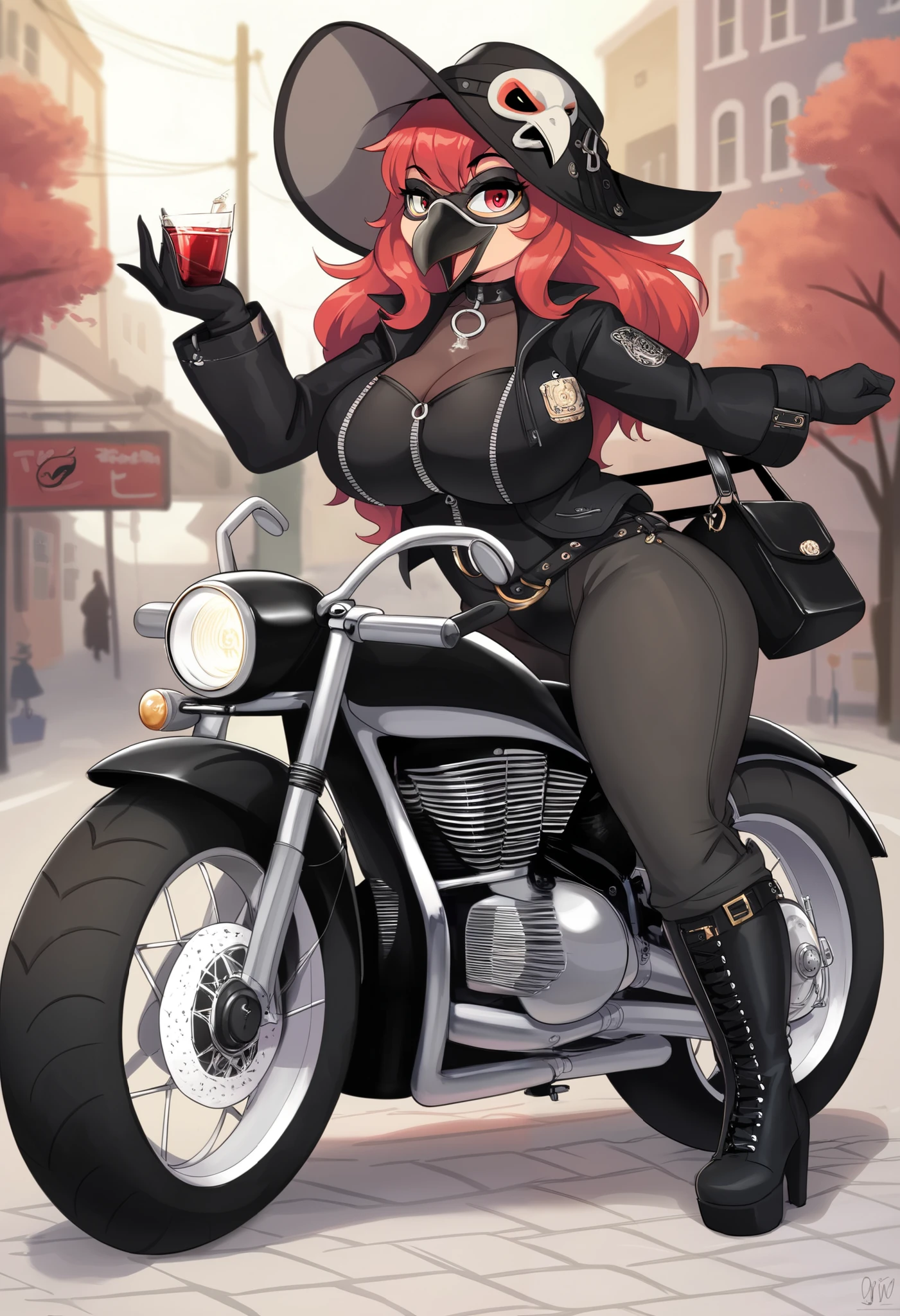 NSFW,masterpiece, 最 High Quality ,  High Quality ,  very detailed with crimson hair, glossy skin one girl ,Mask to cover the head ,Plague Mask,Big Breasts, Black Leotard , short black coat , black socks up to the thigh,Motorcycle boots,long handbag,objet head,Character portrait,Handwriting style,Analog illustration, Mask that imitates a white crow ,Mask with a beak ,Plague Doctor