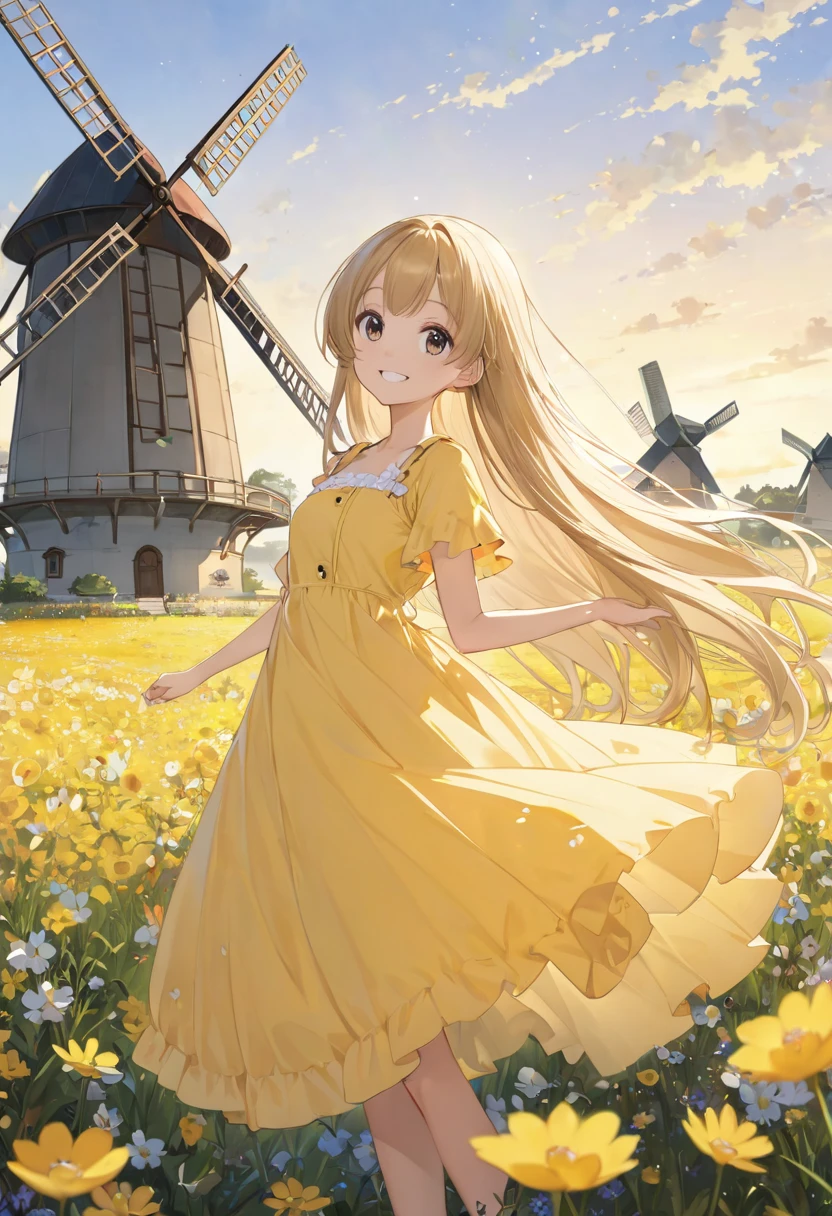  top quality、 anime painting、One girl、whole body、Smiling Girl、 very small breasts、Slim body、Long neck、large round eyes、 Smooth Long Hair、 Yellow Dress 、Flower Field、windmill