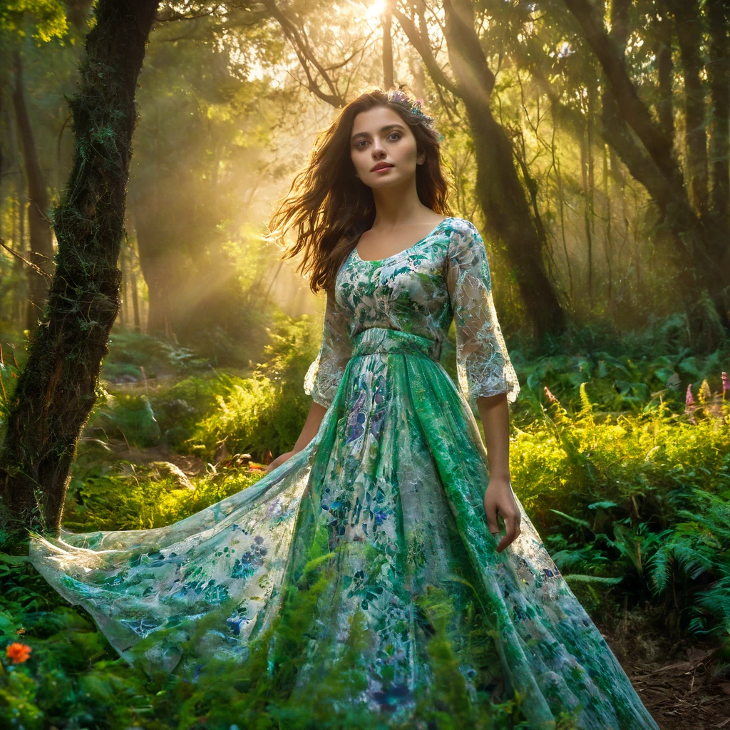 Beautiful Forest Dawn ,  idyllic, Magical, Majestic,  Epic Lighting , 8k,  1 girl,   detail face ,  detailed eyes on board,  detailed lips ,   long eyelashes,  Beautiful dress,  gentle expression , Bushes green, Colorful flowers,  sun rays ,  photorealistic,  cinematic , Warm colors,  Dramatic Lighting ,  Intricate Details