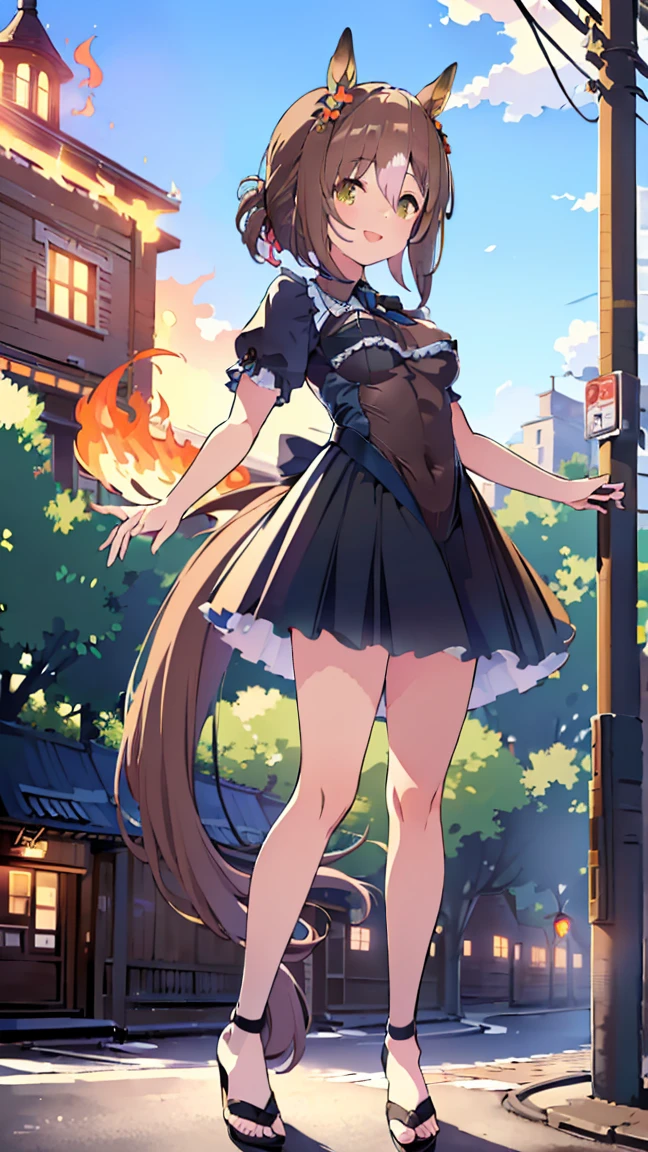 masterpiece,  top quality,  high definition ,  very detailed, delicate(((Fine Motion))), (((Horse Girl))), (((smile))), (((Bare legs))), (((Controlling the flames))), (((Outdoor))), (((Around town))), (((Electric pole))), ((( standing with different breasts ))), (((window))), (((blue sky))), (((smile))), ((Black nightgown))), ((( miniskirt)))