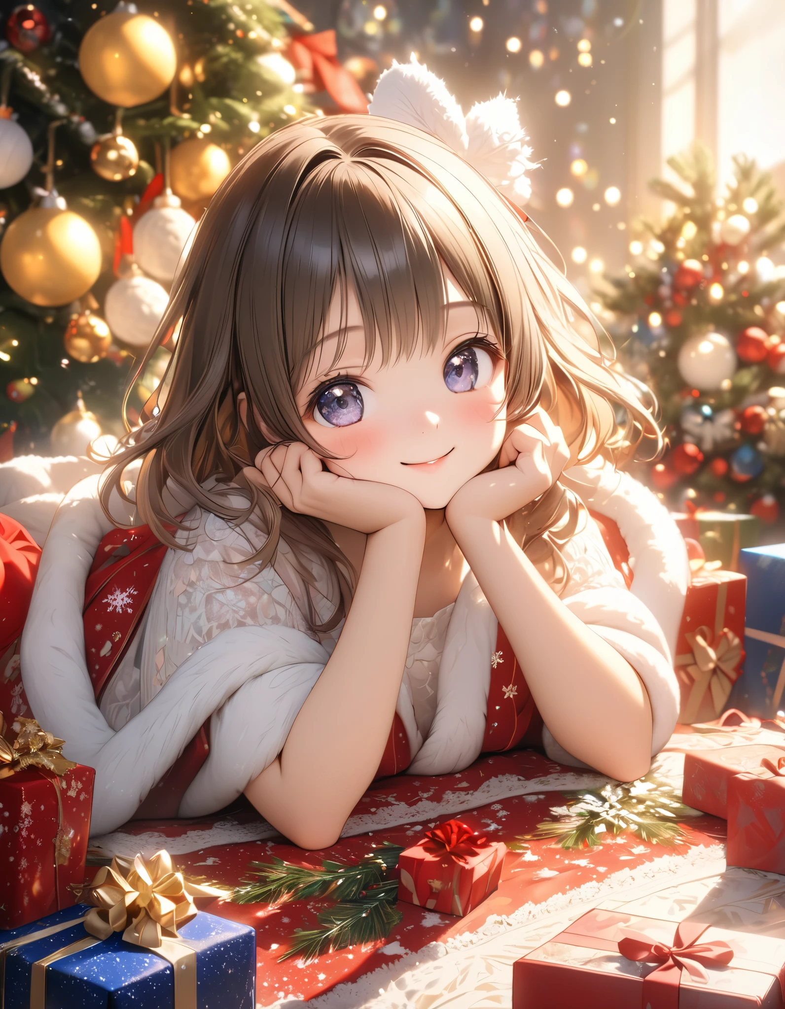 Christmas scene with a cute white 20 years old girl sitting among christmas decorations, smile, fluffy, lights, holiday atmosphere, ultra-fine, digital painting