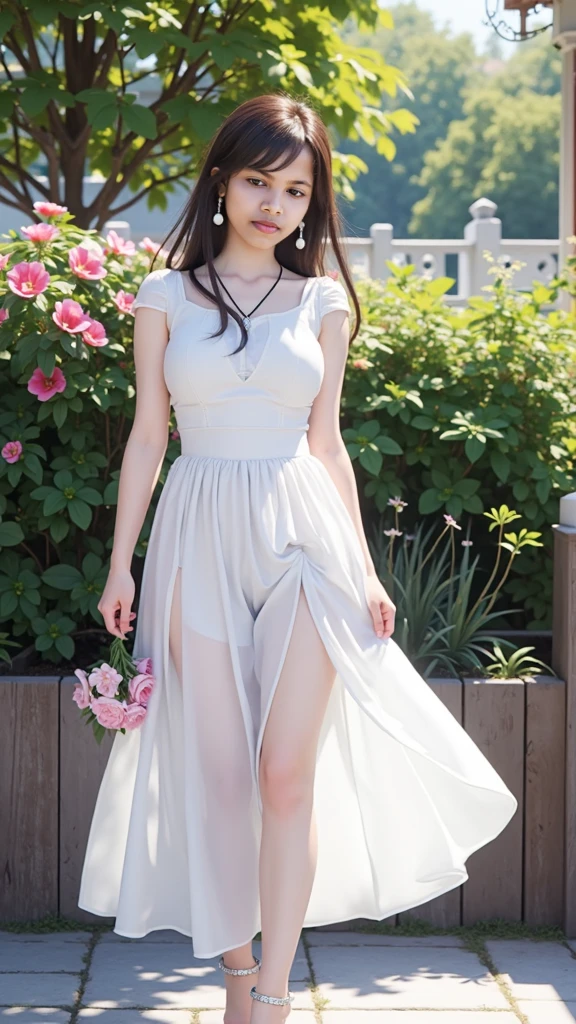 a radiant village beauty, dancing joyfully in a sheer, flowing white sundress, her black hair cascading around her in a warm summer breeze, masterpiece, asian girl, detail eyes,