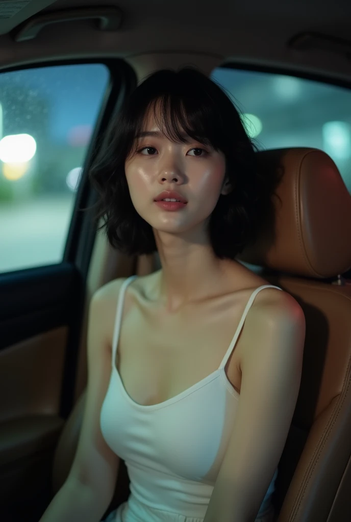 Having car sex、A Japanese woman with a sexy short bob hairstyle、A close-up of her chest and calm expression.、It shows her inner peace and outer charm.。