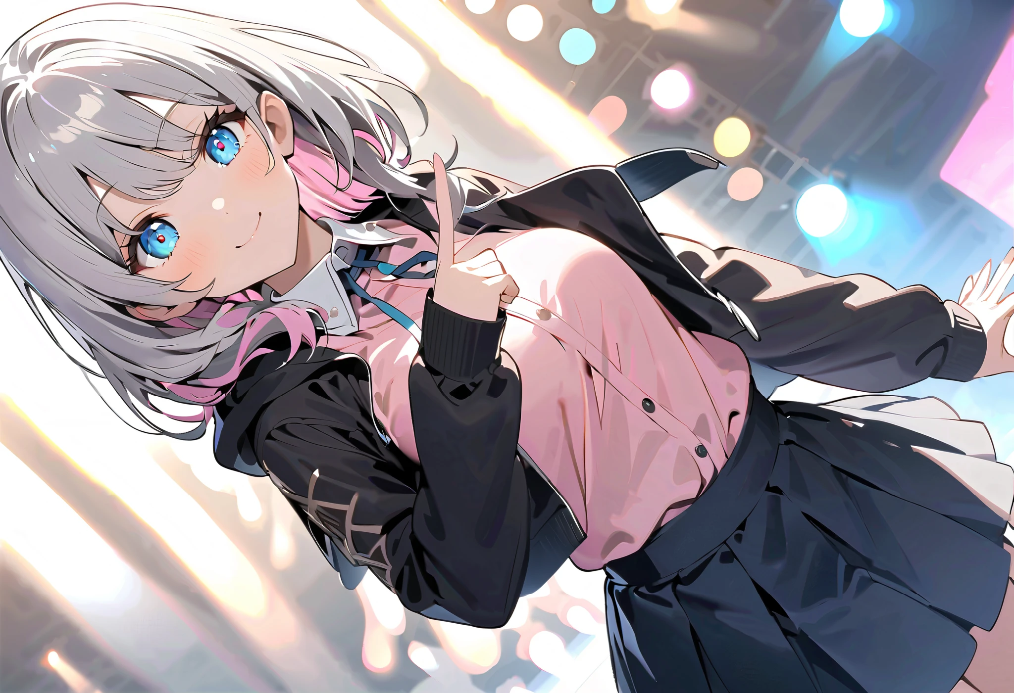 Make a peace sign、whole body、asymmetry bangs, swept bangs.,extends hands、 smile and be at peace with friends 、 、   wear a black hoodie Mike 、{{{masterpiece}}}, {{{ top quality}}}, {{  super detailed}}, {beautiful detailed eye},, ((Grey Hair)),(bangs),   angle from above、   looks up,  girl ,Midea,eye、   dynamic angle  、Long Grey Hair、 pink tips 、alone、   medium hair 、白い   medium hair 、 Song、Idol、Long medium hair  、   long hair、   bob hair、   stageに立ち Song、  long sleeve pink shirt with white collar  {x}  gray hair that stretches to about your shoulders 、 Pink hair with pink tips  、   medium hair ー、  hair with pink inner color、  white hair down to shoulders  、 pretty   girl、Detailed eye、anime、   Shirogane Noel、   stage、   black skirt、   white hair down to shoulders   、 simple background、E art style  、 The light shines 、Beautiful Shadows、alone、singer、
