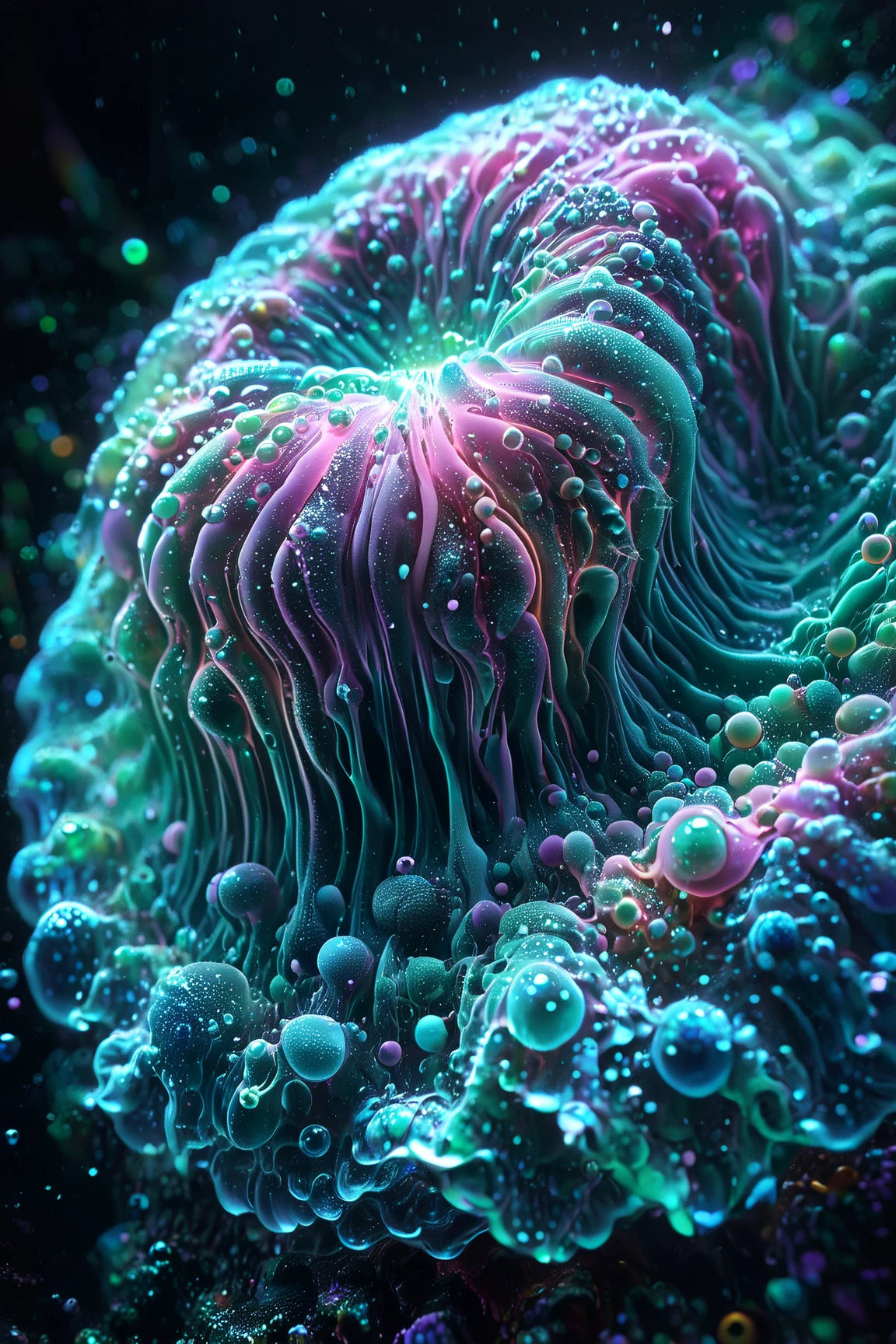 A close up of beautiful bubbles floating on top of each other, Glowing Nightmare, Glowing Runes_green Glowing Runes_pink,LSD, DMT imagery. octane render, psychedelic droplets of water, abstract liquid, and intricate rainbow art. octane render, black 3d fluid simulation,  ethereal bubbles, swirling liquids, and highly detailed, octane render, reflective rainbow bubbles, twisted colors inside of glass spheres, Psilocybin Dream inside an amazing image of light emerging from colors in a shimmering glass morphing out of colors, bright neon and fluorescent colors,very bright, vibrant colors, perfectly formed and symmetrical reflective bubbles and spheres, attention to detail with these beautiful bubbles and spheres, Extreme Hallucinations in a gorgeous piece of  psychedelic digital artwork, Stunning, pixel art, tripped out colors, 4d mandelbulb psychedelics, glass like psychedelic landscape, intricate rainbow environment, psychedelic underwater brightness and glow with neon colors, glowing colors twist inside of translucent glass spheres and bubbles with light and color reflecting off of both in bright fluorescent colors, psychedelic trip, fluorescent and neon aesthetic, psychedelic vibrant colors, bright psychedelic paint splattered backgrounds,swirling spirals and vortex, bright vibrant colors popping out from 3d glass spheres, Rotational Symmetry, Pixel Assets, Portrait photography, Surrealism, Photorealistic, Hyperdetailed, Glass Morphism, Digital Art, Sparkle, Optical Illusion, Glowing Light, Reflective Light, Overexposure, Backlighting, Depth Of Field, Spheres and bubbles show perfect Symmetry, Awe inspiring, Breathtaking, Indescribably Beautiful, Heaven sent images, Best Quality, Award Winning, MasterpieceA close up of beautiful bubbles floating on top of each other, LSD, DMT imagery. octane render, psychedelic droplets of water, abstract liquid, and intricate rainbow art. octane render, black 3d fluid simulation,  ethereal bubbl