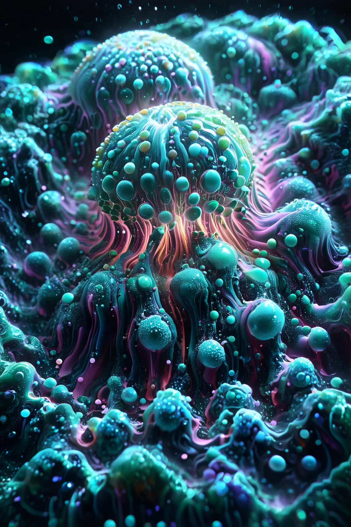 A close up of beautiful bubbles floating on top of each other, Glowing Nightmare, Glowing Runes_green Glowing Runes_pink,LSD, DMT imagery. octane render, psychedelic droplets of water, abstract liquid, and intricate rainbow art. octane render, black 3d fluid simulation,  ethereal bubbles, swirling liquids, and highly detailed, octane render, reflective rainbow bubbles, twisted colors inside of glass spheres, Psilocybin Dream inside an amazing image of light emerging from colors in a shimmering glass morphing out of colors, bright neon and fluorescent colors,very bright, vibrant colors, perfectly formed and symmetrical reflective bubbles and spheres, attention to detail with these beautiful bubbles and spheres, Extreme Hallucinations in a gorgeous piece of  psychedelic digital artwork, Stunning, pixel art, tripped out colors, 4d mandelbulb psychedelics, glass like psychedelic landscape, intricate rainbow environment, psychedelic underwater brightness and glow with neon colors, glowing colors twist inside of translucent glass spheres and bubbles with light and color reflecting off of both in bright fluorescent colors, psychedelic trip, fluorescent and neon aesthetic, psychedelic vibrant colors, bright psychedelic paint splattered backgrounds,swirling spirals and vortex, bright vibrant colors popping out from 3d glass spheres, Rotational Symmetry, Pixel Assets, Portrait photography, Surrealism, Photorealistic, Hyperdetailed, Glass Morphism, Digital Art, Sparkle, Optical Illusion, Glowing Light, Reflective Light, Overexposure, Backlighting, Depth Of Field, Spheres and bubbles show perfect Symmetry, Awe inspiring, Breathtaking, Indescribably Beautiful, Heaven sent images, Best Quality, Award Winning, MasterpieceA close up of beautiful bubbles floating on top of each other, LSD, DMT imagery. octane render, psychedelic droplets of water, abstract liquid, and intricate rainbow art. octane render, black 3d fluid simulation,  ethereal bubbl