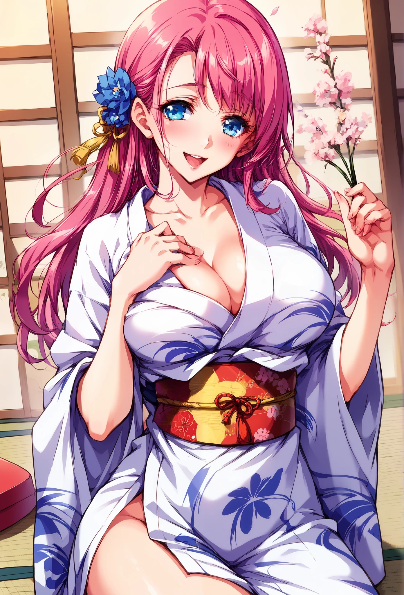 score_9, score_8_up, score_7_up, 1girl, pink hair, long hair, blue eyes, yukata, tatami, smile, happy, shy, solo, sexy and curvy body, mid thigh, adult