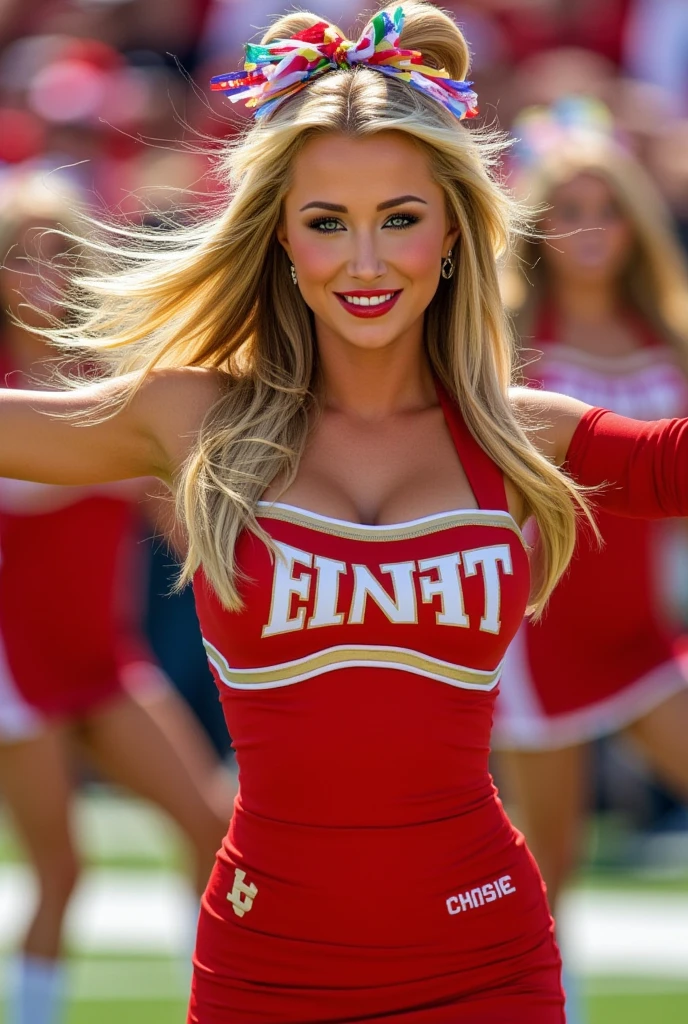 college cheerleader, age 25, sexy, smiling, red lips, athletic bodytype, ribbons in her hair, blonde hair, blue eyes, red uniform, laughing