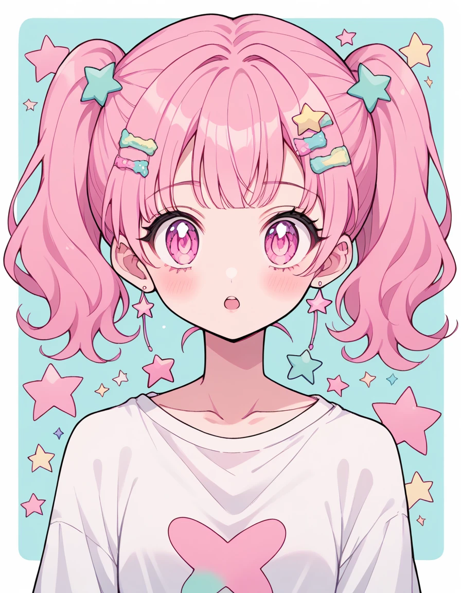 neondskdrmsxl, score_9_up, score_8_up, score_7_up, score_6_up, 1girl, solo, pastel colors, open mouth, ight pink eyes,. body hair: wavy short Hair color: with short black hair and inner pink hair, star , (symbol), starwavy short Hair color: with short black hair and inner pink hair, hair ornament, twintails, looking at viewer, pink eyes, pastel neon lighting, source_anime, neon, neon theme , 