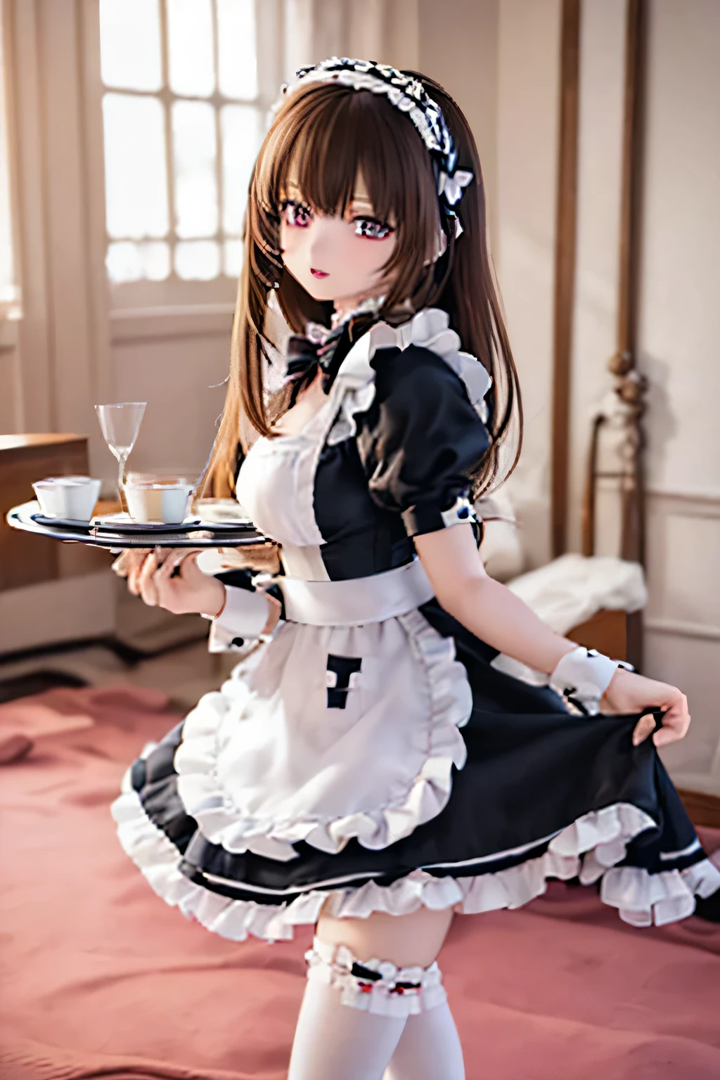 (SFW:2), photorealistic, realistic photo, 8k, Canon EOS, ((highest quality)), ((masterpiece)), (extremely detailed), dd, doll, idol dress, (mature woman, 21yo, 21 years old, solo, ballroom:1.6), (from side, walking, hold a tray, slim, skinny, slender, brown hair, long hair, bow, maid headpiece, black maid costume, maid apron, white thigh highs, parted lips, purple eyes, glass eyes, shining eyes, looking at viewer, detailed face:1.3)