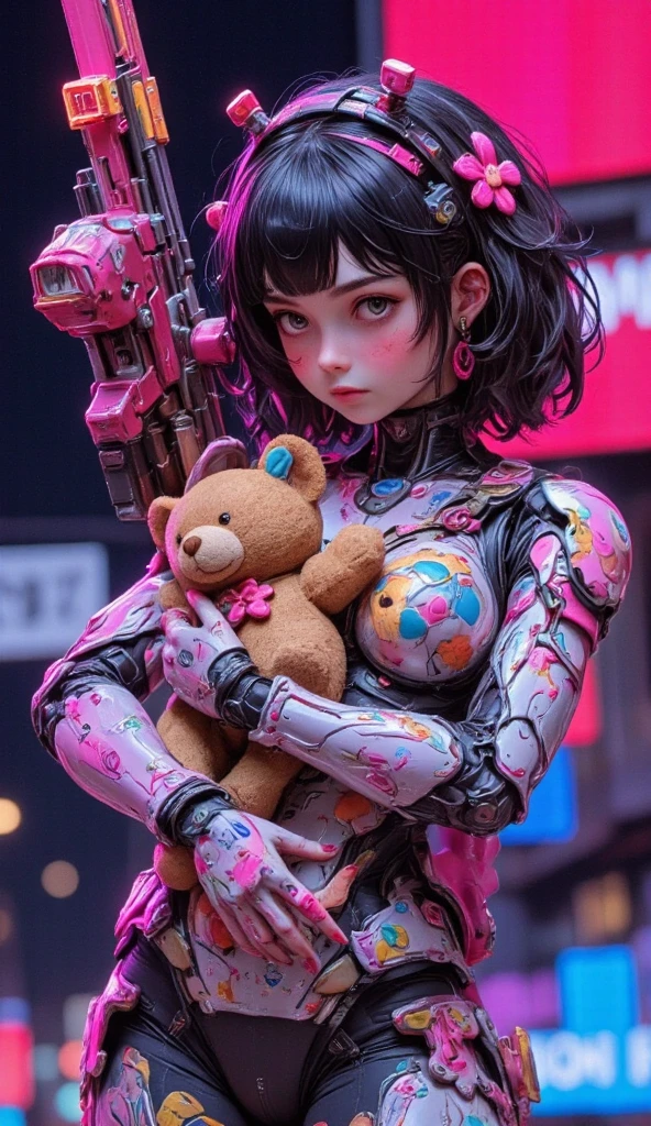 cute girly robot holding teddy-bear. colorful flower pattern on body, equiped heavy beam-gatling-gun at back, kawaii mood, Joints and gaps glowing pink..hardcore machine. newest anime style,cute pop background,high brightness.vivid color, pop, relax mood.full body