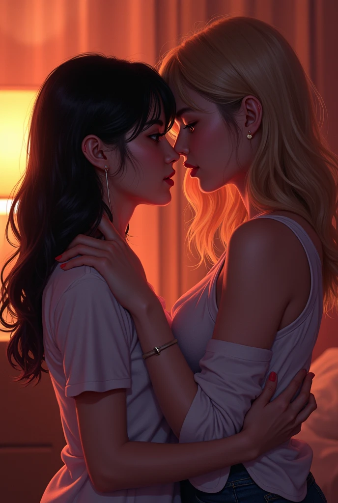 real photograph, (Top image quality, 8k, masterpiece), top-quality, 超A high resolution,2 Japan Girls,ld, pretty face, multicolored lace bra, kawaii faces, Melancholy look, kissing, double eyelid、big breasts:1.4、blond bob hair、black long hair, night modern room、window, Twinkling starry sky and big moon, Movie Lighting, Photorealsitic, real looking skin, NFSW, 35mm, Shot with Leica,