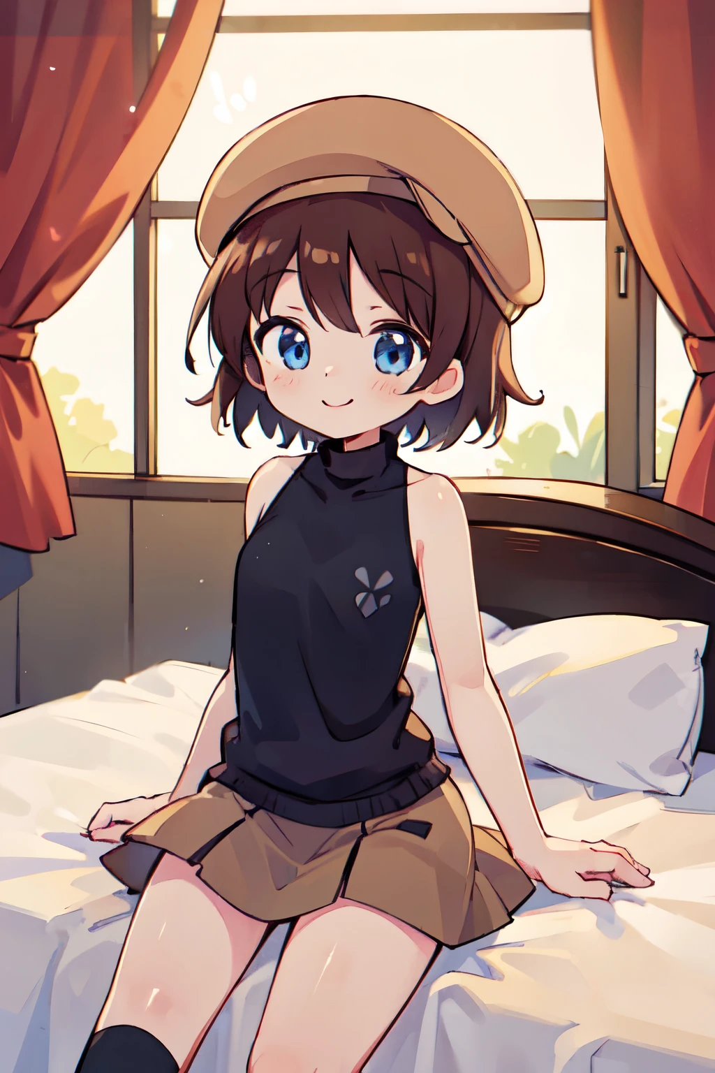 Helga Haruka,  blue eyes, Brown Hair,  short hair, Brown hat,  black sweater ,  Sleeveless Turtleneck,  check skirt,  1 girl,  smile, Love Hotel ， bed