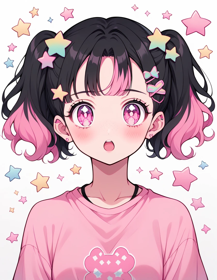 neondskdrmsxl, score_9_up, score_8_up, score_7_up, score_6_up, 1girl, solo, pastel colors, open mouth, ight pink eyes,. body hair: wavy short Hair color: with short black hair and inner pink hair, star , (symbol), starwavy short Hair color: with short black hair and inner pink hair, hair ornament, twintails, looking at viewer, pink eyes, pastel neon lighting, source_anime, neon, neon theme , black hair pink inner