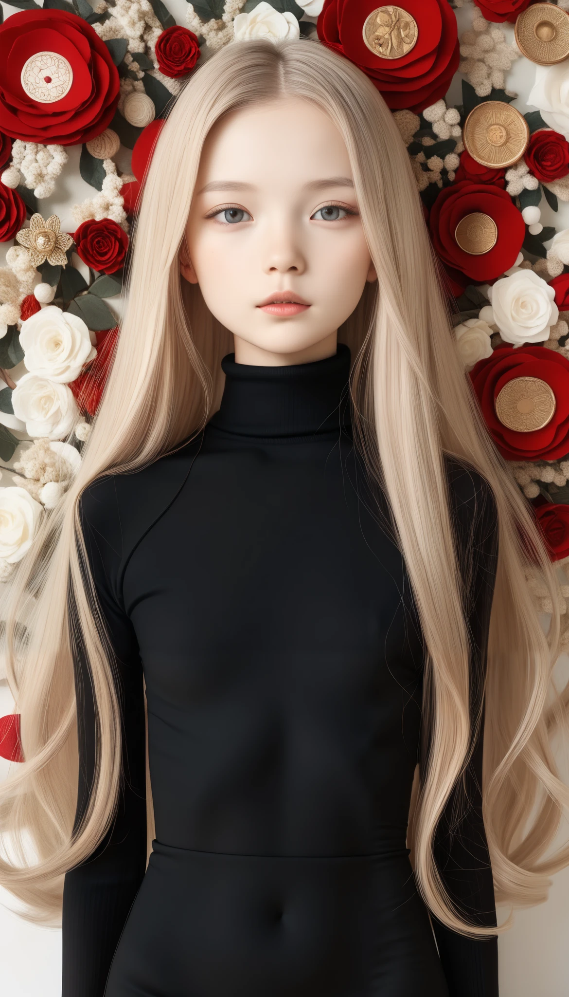 Highest quality、masterpiece、Perfect Anatomy、Center of chest,Black Dress,turtleneck, (((-yeld gi Healthily slim body, long hair)))、Small breasts、Small breasts、Flat Chest、Turtleneck knit