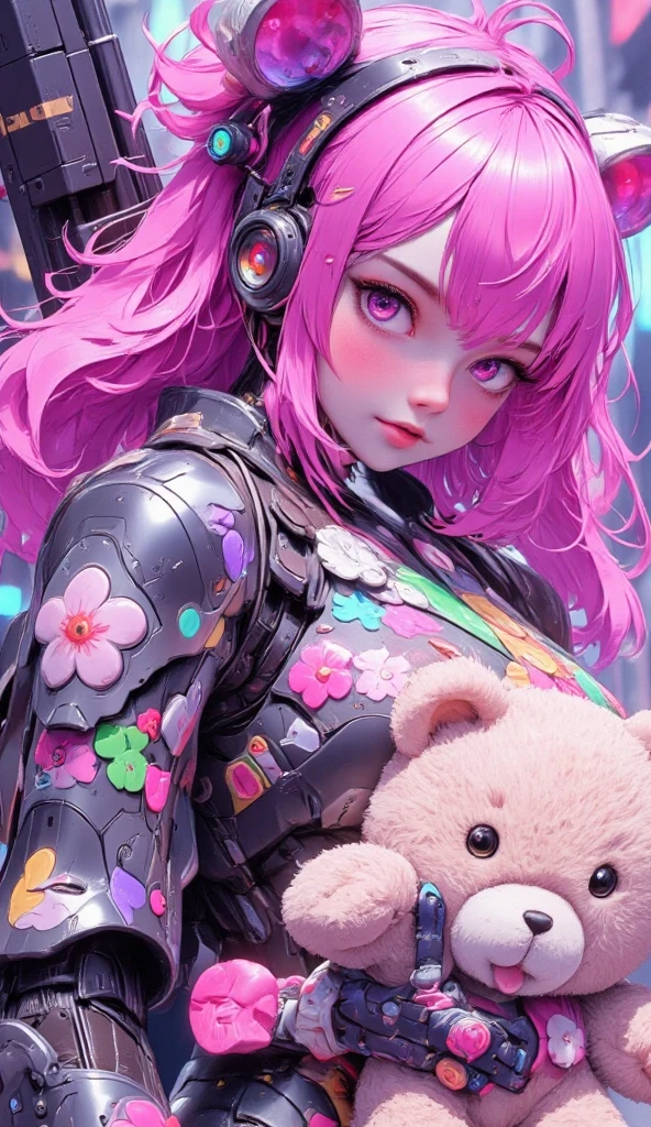 cute girly robot holding teddy-bear. colorful flower pattern on body, equiped heavy beam-gatling-gun at back, kawaii mood. Joints and gaps of the body glowing pink..hardcore machine. newest anime style,cute pop background,high brightness.vivid color, pop, relax mood.full body,sharp teeth,open mouth,tongue