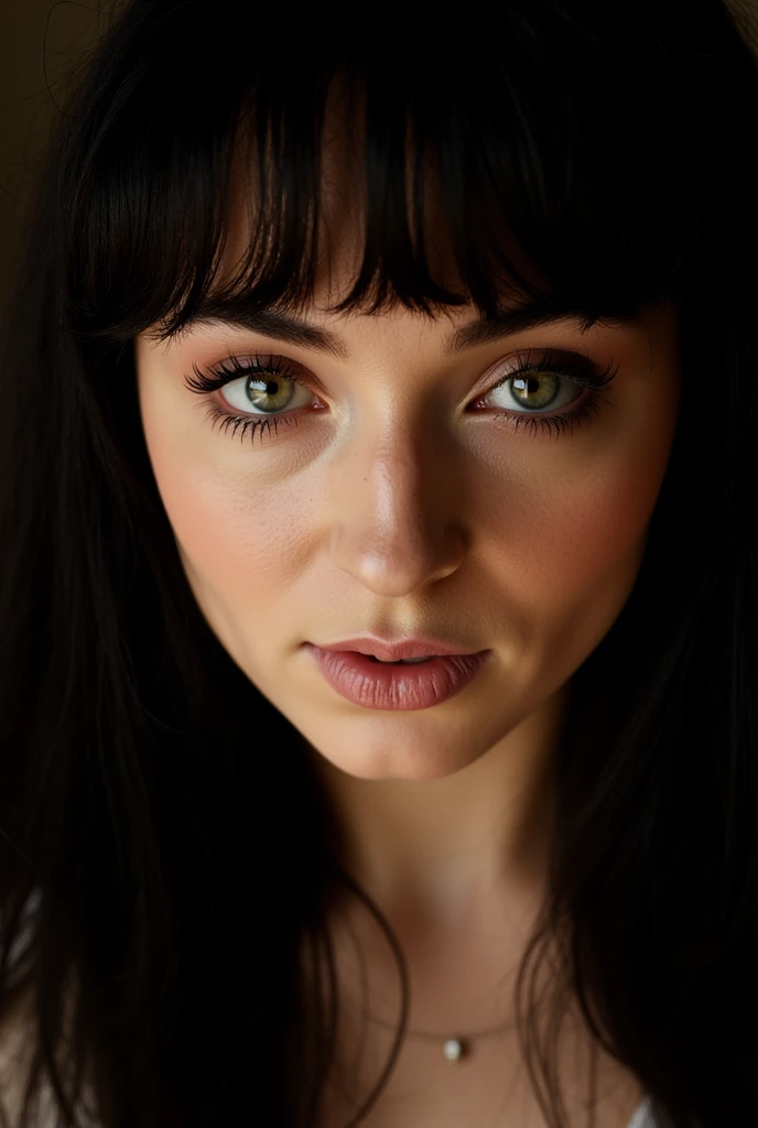 sophieturner, close up photo, sensual, straight black hair, bangs