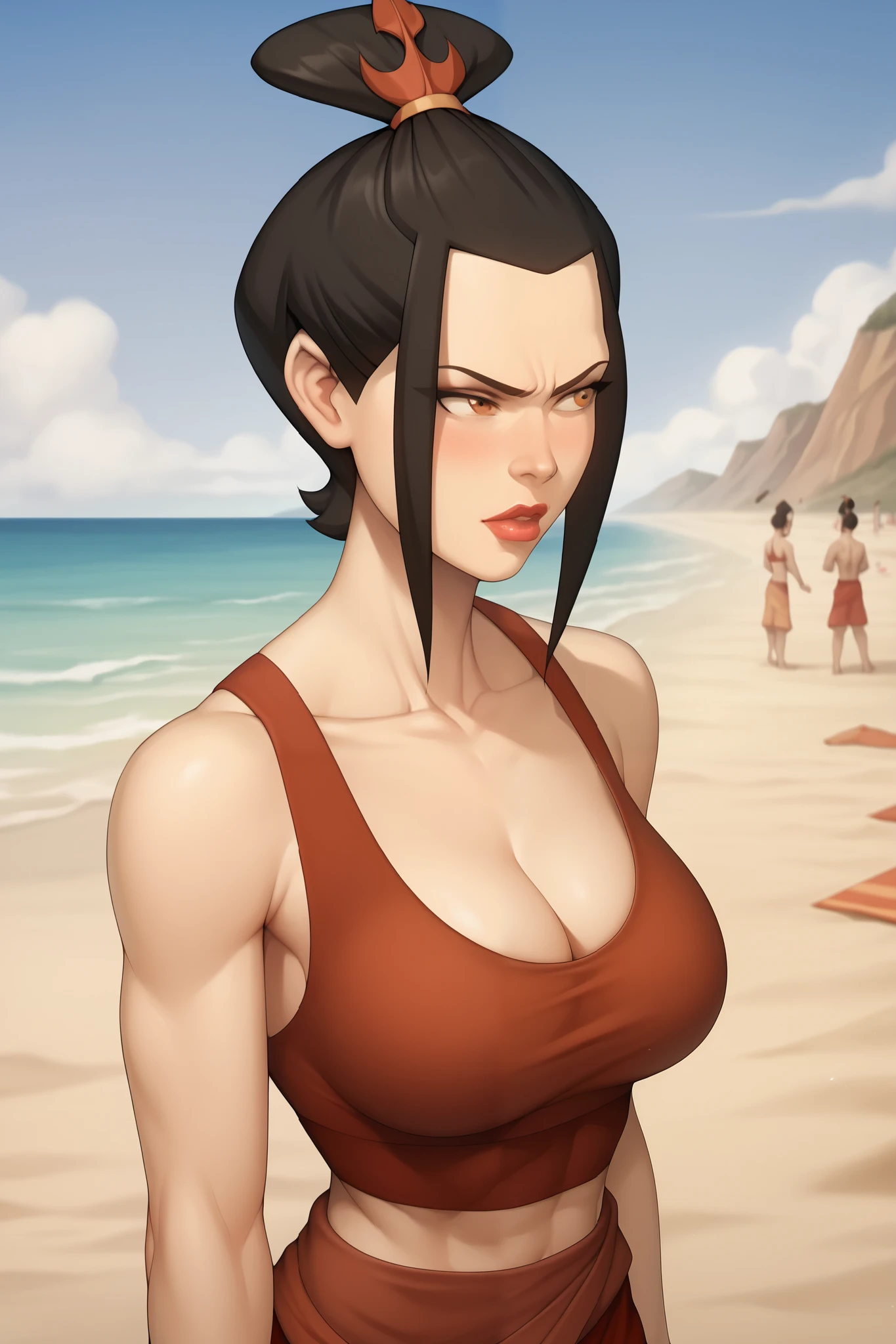      Masterpiece  ,      Best Quality    ,  a girl ,solo a girl, Azula  ,    beautiful and sexy body   , big bust , delgado, (  Gym Wear , gym holder   ),  Striking and sexy bust showing part of the breasts ,    black hair ,  pose sensual, EROTICA,     simple background   ,      on the beach  , ,  image showing only the breasts up to the top,  blushed.