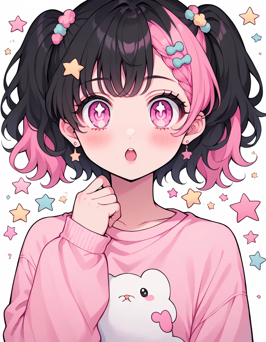 neondskdrmsxl, score_9_up, score_8_up, score_7_up, score_6_up, 1girl, solo, pastel colors, open mouth, ight pink eyes,. body hair: wavy short Hair color: with short black hair and inner pink hair, star , (symbol), starwavy short Hair color: with short black hair and inner pink hair, hair ornament, twintails, looking at viewer, pink eyes, pastel neon lighting, source_anime, neon, neon theme , black hair pink inner