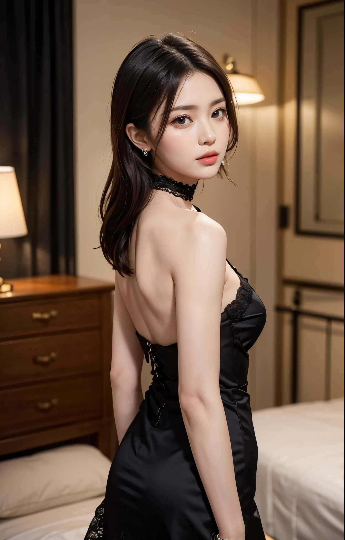 (8K, RAW Photos, of the highest quality, Masterpieces), High detail RAW color photo professional photograph, (Realistic, Photorealism: 1.37), (Highest Quality), (Best of darkest illustrations), ((captured from behind:1.4))、((Cute, Beautiful, Ultra High Resolution, High Definition CG Unified 8K Denden Wallpaper, Physically Based Rendering, Movie Lighting), analog style, Elegant, grateful, UHD 8K, Digital SLR, FujifilmXT3, Vibrant, Candid, Dramatic immersive sunset, (Detailed face, Skin Texture), Film grain, Natural light, looking in camera,(Idol face), (1 japanese girl),((a photo of girl, 16 yo)), ((long:1.4)),((black linen velvet bunny earband:1.4))、((linen velvet strapless leotard:1.4)), ((Black, rough mesh pantyhose:1.4))、((black wrist cuffs:1.4)),(thick thighs), ((Looking at Viewer:1.1)),((Cowboy Shot)),so sexy, Very beautiful, very very kawaii, ((work as a waiter in a club:1.4)), wakame、((terrified expression:1.4))、