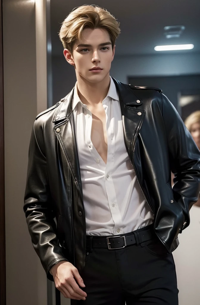 at office,wearing black leather jacket,two block haircut, Attractive man,Live-action photo,Handsome and sunny,(SLR effect,Reality,8K,Hyper-detailing,Absolute realism)