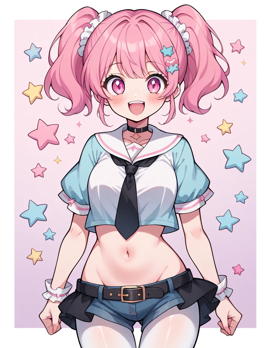 neondskdrmsxl, score_9_up, score_8_up, score_7_up, score_6_up, 1girl, solo, pastel colors, open mouth, ight pink eyes,. body hair: wavy short Hair color: with short black hair and inner pink hair, star , (symbol), starwavy short Hair color: with short black hair and inner pink hair, hair ornament, twintails, looking at viewer, pink eyes, pastel neon lighting, source_anime, neon, neon theme , black hair pink inner.. She wears a cheerful expression and her mouth is open in a smile . the overall style is cheerful and aesthetic "cute". the girl wears a three-layer light blue miniskirt with ruffles . It has a design of three superimposed layers , with black ties on the bottom of each layer . The waist is elastic with purple laces and a black leather belt . } The general style could be described as lolita or sweet goth . The girl will wear a pink long-sleeved blouse with bare neckline that reaches her navel and a drawstring detail on the bodice. Underneath she wears a white lace blouse . Japanese Kawaii . The girl is wearing a pair of fluffy Kawaii boots and long white tights