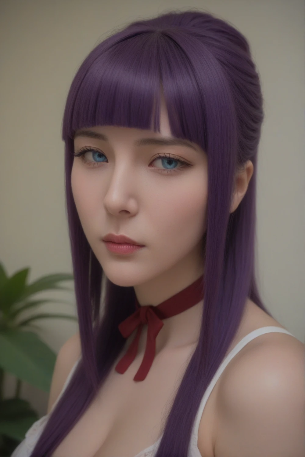 Kyokotsu Katen, 30 years old, red choker, purple haori with flowers, purple hair, blue eyes, stern gaze, eyepatch, right eye, huge breasts, bedroom, sofa, sexy pose, (best quality,4k,8k,highres,masterpiece:1.2),ultra-detailed,(realistic,photorealistic,photo-realistic:1.37),detailed eyes,beautiful detailed lips,extremely detailed face,long eyelashes,elegant,intricate details,dramatic lighting,vibrant colors,soft focused background