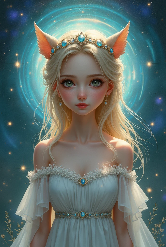 Woman holding a puppy on her lap、(highest quality,8k,High resolution,masterpiece:1.2),Super detailed,(Realistic,Realistic,Photorealistic:1.37),Portraiture, Creative style artwork, historic, Classic, Sophisticated, Variety of colors, Very detailed, Soft lighting, Luxurious surroundings, Delicate fairy flowing dress, Bright flowers, Elaborate jewelry, Mysterious atmosphere, Graceful pose, Graceful curves, Gold Body Proportion, Flowing hair, Breathtaking textile patterns, Clear glossy purple eyes, Delicate floral decoration, An array of dazzling crystal diamond fittings, Mysterious and dreamy atmosphere, Perfect attention to detail.