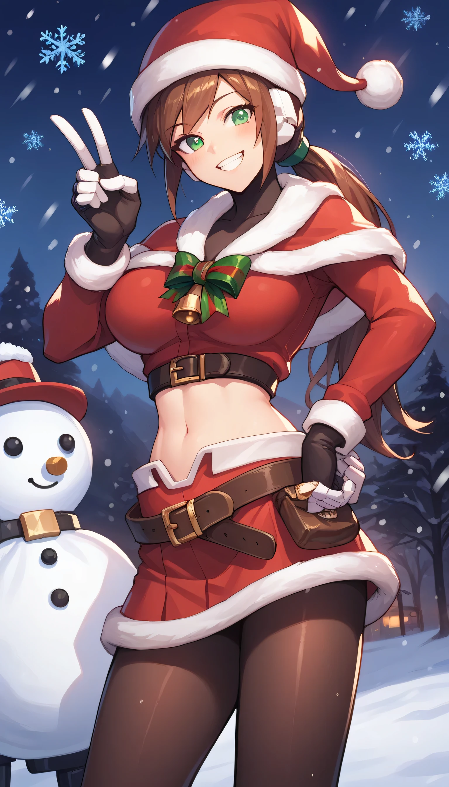 1girl, snowman, solo, pantyhose, hat, , gloves, santa_costume, santa_hat, smile, looking_at_viewer, christmas, black_gloves, navel, sack, snow, , skirt, midriff, snowflakes, fur_trim, blush, black_pantyhose, , snowing, belt, breasts, v, grin, night, bangs, collarbone, outdoors, red_skirt, large breasts,ailezxa,green eyes,brown hair,robot ears,low ponytail