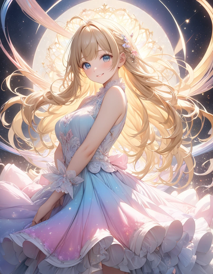 top-quality、Top image quality、masterpiece、Super beautiful elf beauty((20yr old、Best Bust、big bast、Bust 90,beautiful blue long ironed hair、a blond、A sexy、A slender、a closeup、Esbian、beautiful tiara、hiquality、Beautiful Art、Background with((starrysky)))masutepiece、visualart、depth of fields、low angle of morning sky、、Elven ears、、light magic、Space Knight、harp melody🎵、Happy smile、Gentle light、、Beautiful legs that are gentle on the skin、、、Number of fingers to achieve precise finger movements、ticker beautiful dress、elegent、Mystical Rosa、 field under the flower garden、Marble pillars, beautiful dressy)appreciate!This way、appreciate、Talk to、Friendly atmosphere、Hands of Love、The best smile、A delightful!glad!