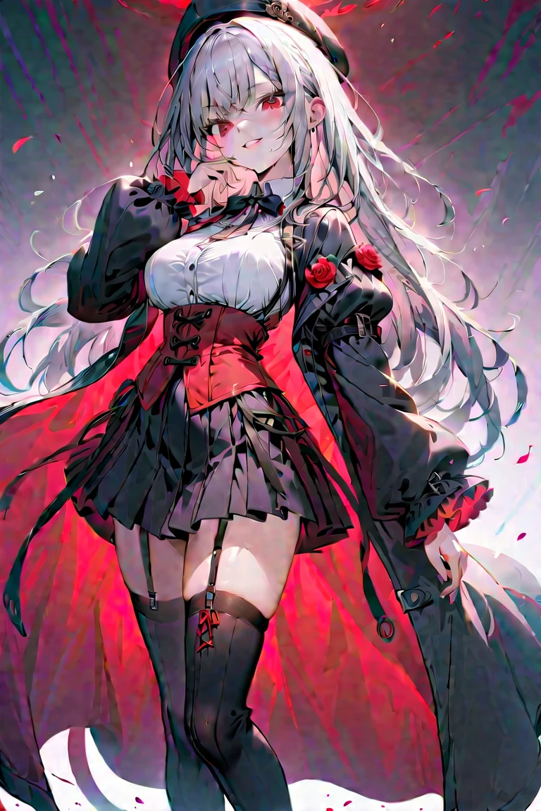 ((Sketch)), ((Watercolor)),((best quality)) ((best quality)), ((masterpiece)), (detailed), HD, Highly Detailed, 4k image, anime style, beautiful young teenage girl, 13 years old, tanned white skin, long waist length hair(pink-red hair)(white highlights), soft facial features, heterochromatic eyes(left eye: silver)(right eye: red), elegant battle-styled sundress, cherry red plump lips, large E-cup breasts, short height(150cm). wide hips and large round ass, silver round-frame glasses