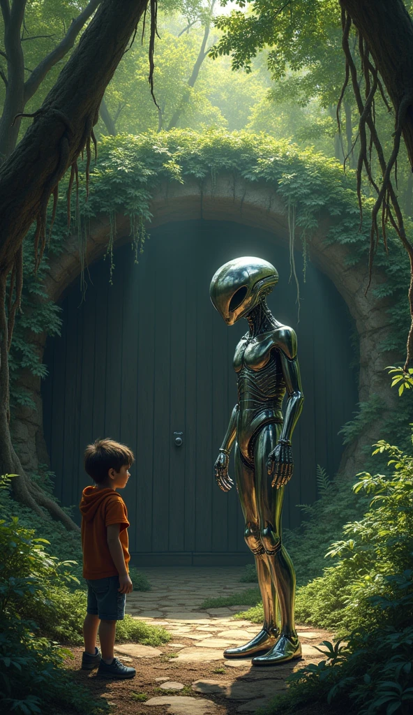 omnipresent society, near future, silver-colored alien child, large black eyes, cute, UFO in background, suburban park, professional lighting, professional camera, detailed android, intricate robotic features, futuristic sci-fi, hyperdetailed, cinematic lighting, dramatic composition, award-winning, photorealistic, (best quality,4k,8k,highres,masterpiece:1.2),ultra-detailed,(realistic,photorealistic,photo-realistic:1.37)