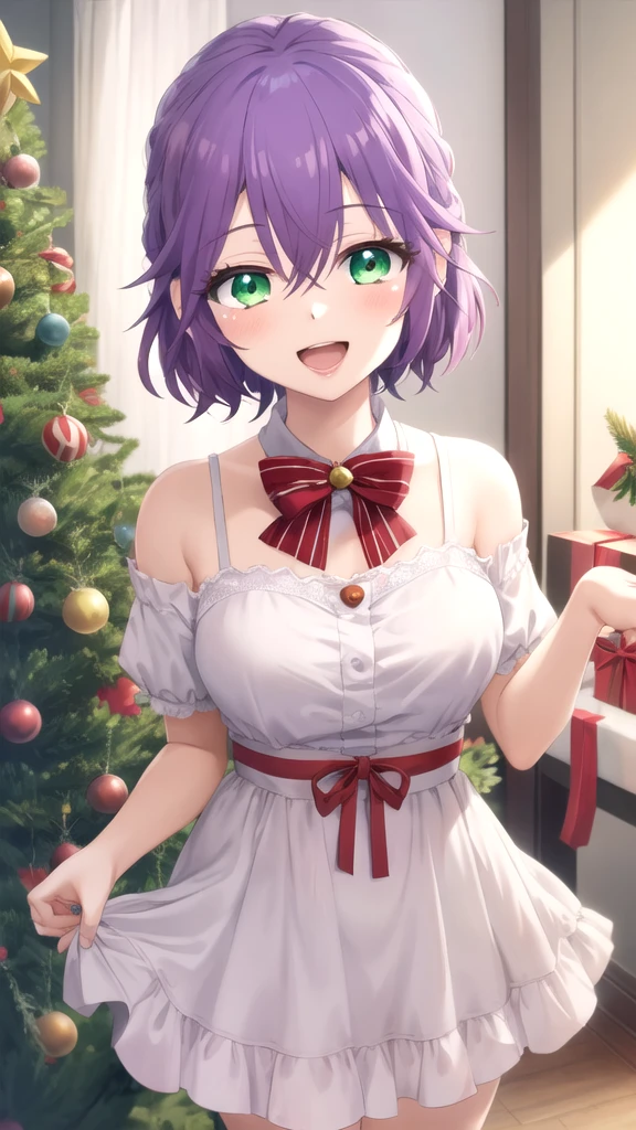 masterpiece, best quality, high quality, girl, solo, looking at viewer, hiro_segawa, purple hair, green eyes, hair between eyes, merry christmas Dress, smile, open mouth,