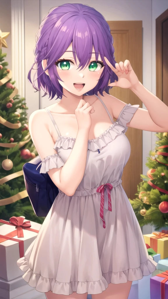 masterpiece, best quality, high quality, girl, solo, looking at viewer, hiro_segawa, purple hair, green eyes, hair between eyes, merry christmas Dress, smile, open mouth,