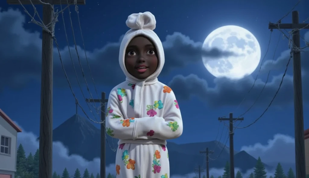 cute pocong with black face, red lips and red eyes, jumping happily between electric poles, the night moon shining on his white patterned shroud with colorful flowers. His laughter echoes in the air as he dances with the wind, spreading joy wherever he goes. pixar vibrant color 3D animation image style.