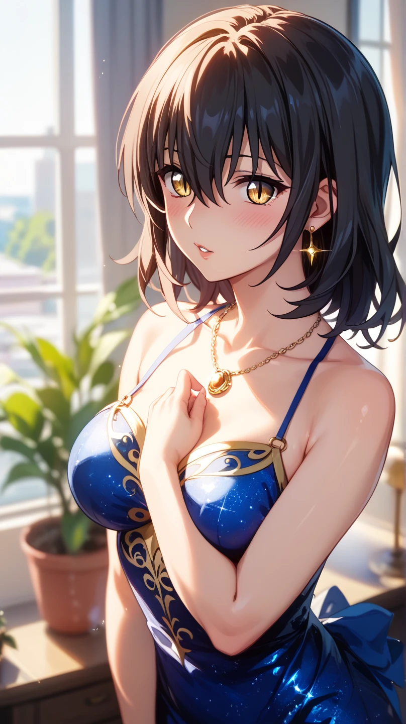 ( super high resolution 、 Max Image、 top quality、 More Details:1.2)、(Himeragi Yukina:1.2)、 1 woman 、solo、 black hair、Shiny Hair、 bangs between eyes、Yellow Eyes、Glamorous eyes、 textured skin、 sexy dress、 Nightdress、Turquoise 、Beautiful gold embroidery 、 slit 、Shiny Earrings、 Sparkling Necklace、 standing、whole body、front、 from before、blush、 smiles