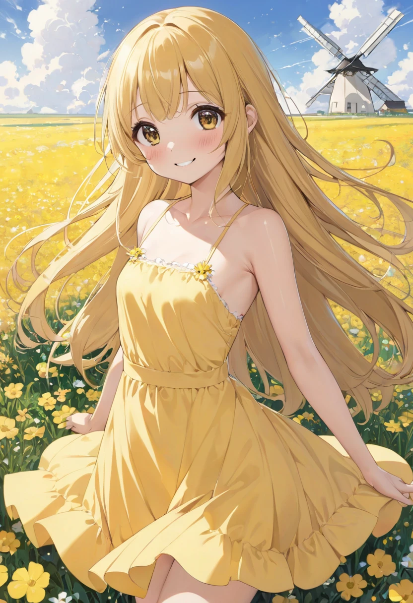  top quality、 anime painting、One girl、whole body、Smiling Girl、 very small breasts、Slim body、Long neck、large round eyes、 Smooth Long Hair、 Yellow Dress 、Flower Field、windmill、Strong winds、 white panties、blush、 Shy Girl 