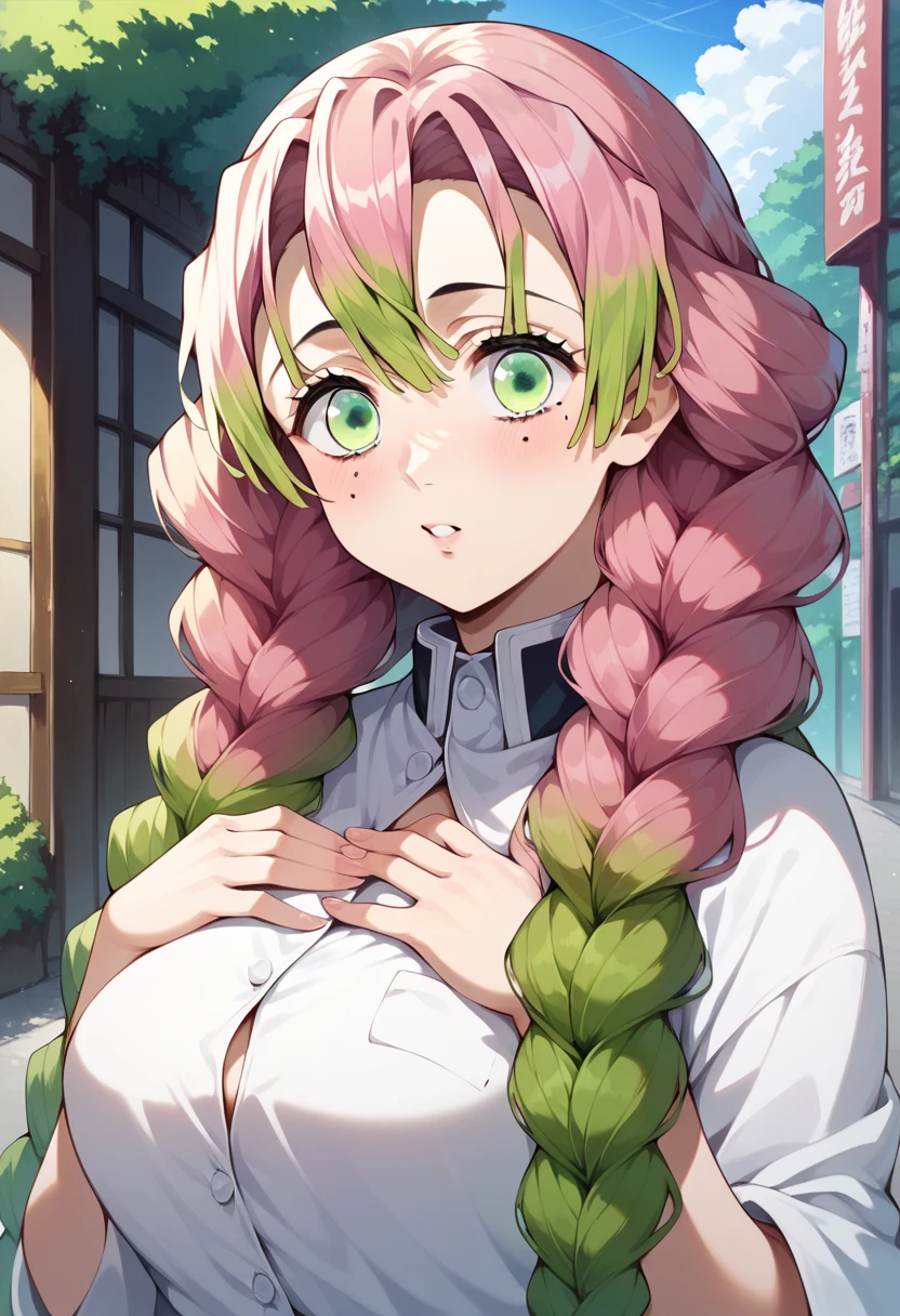 score_9, score_8_up, score_7_up,  source_Anime, Aamitsuri,  long hair,  braided , Multicolored Hair,  green eyes,  mole under eye,  Big Breasts, (( not wearing anything )). Home,  outdoor, upper body, hands on own chest,