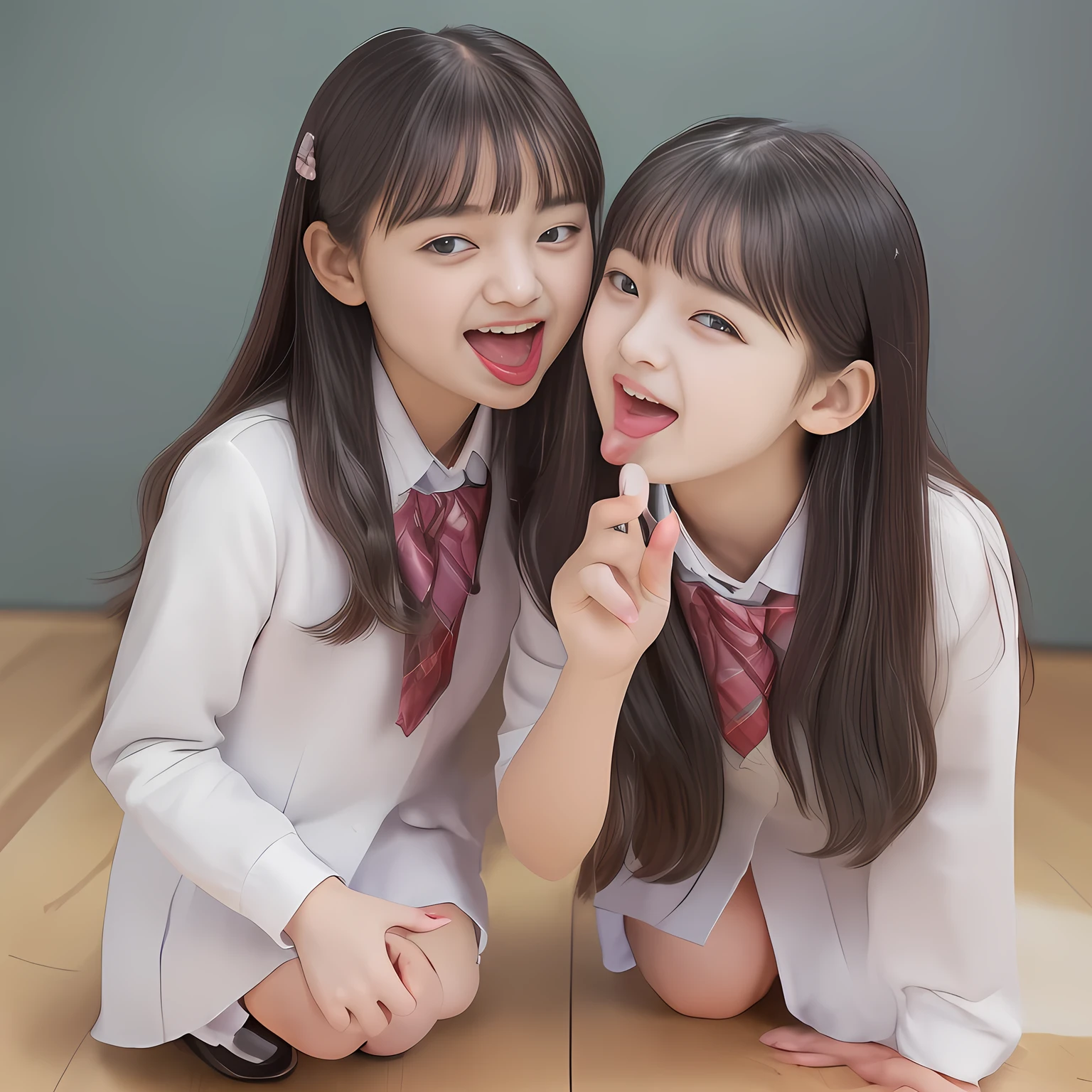 (Highest quality, masterpiece:1.2), Highest quality, High resolution, 1080P, 8k, clearly detailed, low-angle shot, (Some 14yo idol girls are licking and licking a vertical long white candy with long tongue, bending down deeply at waist, and looking down at the floor, bending down deeply at her waist, their shining eyes are looking at the viewer directly, Girls faces are looking down and coming close to the viewer, Low-angle-face-close-shot from below the girls' knees, only altar of succubus in school underground background: 2.0) (Nobly bowing super-pretty shining-long-hair super-beautiful super-bewitching super-cute expensive school-uniform pretty slender 14yo-fashion-model of most-beautiful-school-uniform-girl-models photo-magazine in Japan, too beautiful aristocratic daughter laughing down at the viewer, in supreme bliss, bowing and accepts the viewer's every desire: 1.8), (long bottom eye-slashes, long top eye-slashes), (very bewitching beautiful full-open lips: 1.4), (neat gorgeous school uniform of private high school in Japan. navy-school-blazer with gold-emblem, super-neat navy-blue-lined-tartan-checkered light-sky-blue-pleats-school-skirt, super-girly plain-red ribbon on the breast: 1.5), (bewitching expression, smile, lips, and pose to corrupt the viewer, everything is planned and prepared to corrupt the viewer into the allusion of love towards the girl: 1.2), (clearly detailed foreground focusing on girl's beauty and cuteness, gorgeous blue girly bed background of full-of-girls girly-heaven: 1.2), (some girls are putting her beautiful both hands and fingers on the viewer to tear off the viewer's cloths lustily and forcibly, which may also open the viewer's brain, pouring her girly white ecstasy drool to the viewer: 1.5), (sky-blue school skirt: 1.6), (several golden heart cute accessories)