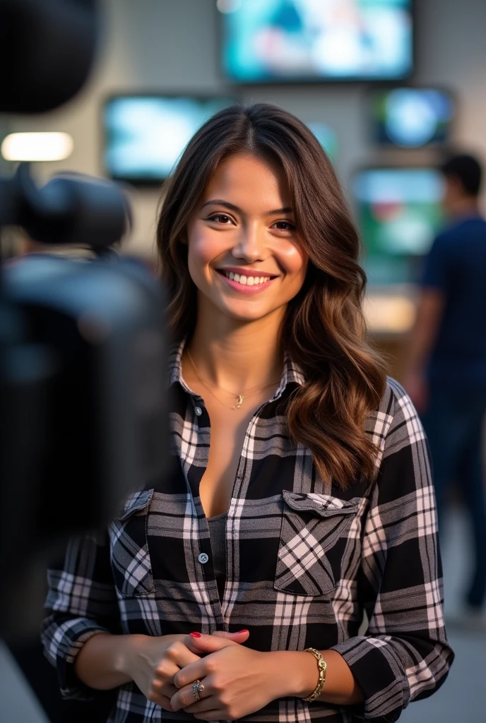 Reporter-style woman brunette light brown eyes straight hair with a smile on her face looking at television cameras wearing plaid shirts,