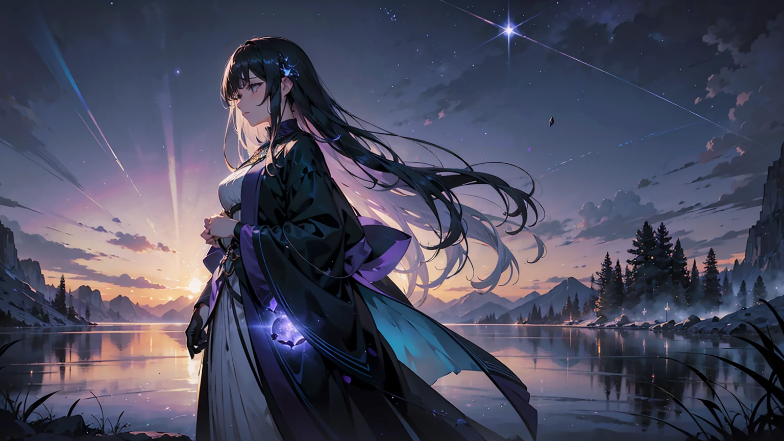 An expansive, ultra-detailed anime illustration, a vibrant masterpiece filled with emotional depth. A serene lake bathed in lunar light, the character's ethereal beauty harmonizing with the tranquil surroundings. Long, flowing dark hair, waves glowing with a mystical aura, and a subtle melancholy in her downcast eyes, carrying an emotional weight that complements the serene yet powerful atmosphere. A valley framed by misty mountains, inspired by Maxfield Parrish, beneath a tempestuous indigo sky with purple clouds and scattered starlight. Moonlight stretches through atmospheric haze, casting high-contrast tones and cinematic depth. A slender character, seamlessly immersed in a vast, intricate environment where deep shadows, dramatic effects, and timeless elegance blend effortlessly. Her flawlessly detailed face, symmetrical proportions, and meticulous shading highlight shimmering eyes framed by delicate lashes, porcelain skin with iridescent highlights, and soft gradients accentuating natural contours. The character and environment are seamlessly integrated and light sparks adding to the atmosphere. Soft contrasts between light and shadow, smooth gradients in metallic hues, radial light effects, and sfumato techniques enhance the ethereal quality. CMYK tones amplify vibrancy, and UHD 4K and 8K resolution bring every detail to life. Refined anime aesthetics, combine elegance, visual storytelling, and captivating scenery into a harmonious.