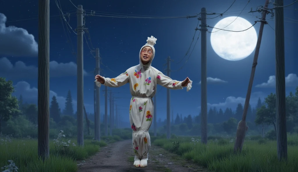 cute pocong, jumping happily between electric poles, the night moon shining on his white patterned shroud with colorful flowers. His laughter echoes in the air as he dances with the wind, spreading joy wherever he goes. pixar vibrant color 3D animation image style.