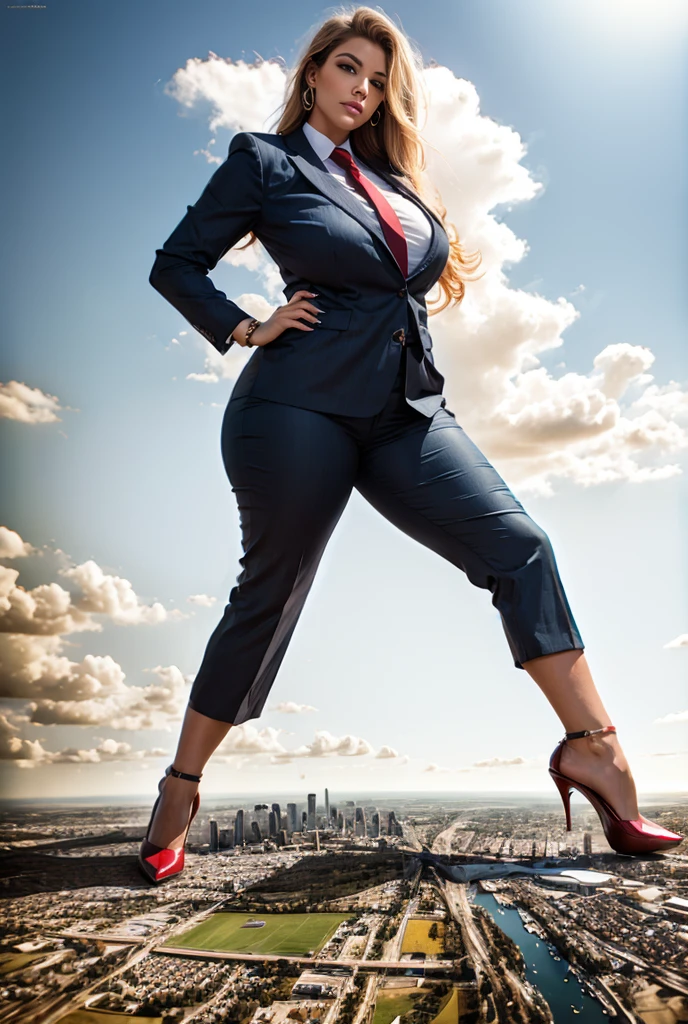 Giantess art, giga giantess, sophisticated and stylish woman in a light navy blue italian pinstriped trouser suit, form fitting crisp white office shirt, and a large wide red necktie in a windsor knot, with a beautiful, curvaceous figure, large natural breasts, and long wavey blonde hair, with a curvaceous figure and massive breasts. wearing red rounded court high heels with uncovered feet and standing, rampage-like pose, with a cityscape background of mega-city, urban sprawl, and small towns, partially obscured by a hazy, cloudy atmosphere. The image is a high-resolution, masterpiece-quality, cinematic, ultra-detailed, and hyper-photorealistic photograph, with perfect hands, face, and lighting. ultra-detailed, 8K, photo-realistic, hyper-realistic, masterpiece, intricate details, full body view. Looking at camera, The image is a high-resolution, masterpiece-quality, cinematic, ultra-detailed, and hyper-photorealistic photograph, with perfect hands, face, and lighting. ultra-detailed, 8K, photo-realistic, hyper-realistic, masterpiece, intricate details, full body view, view from below