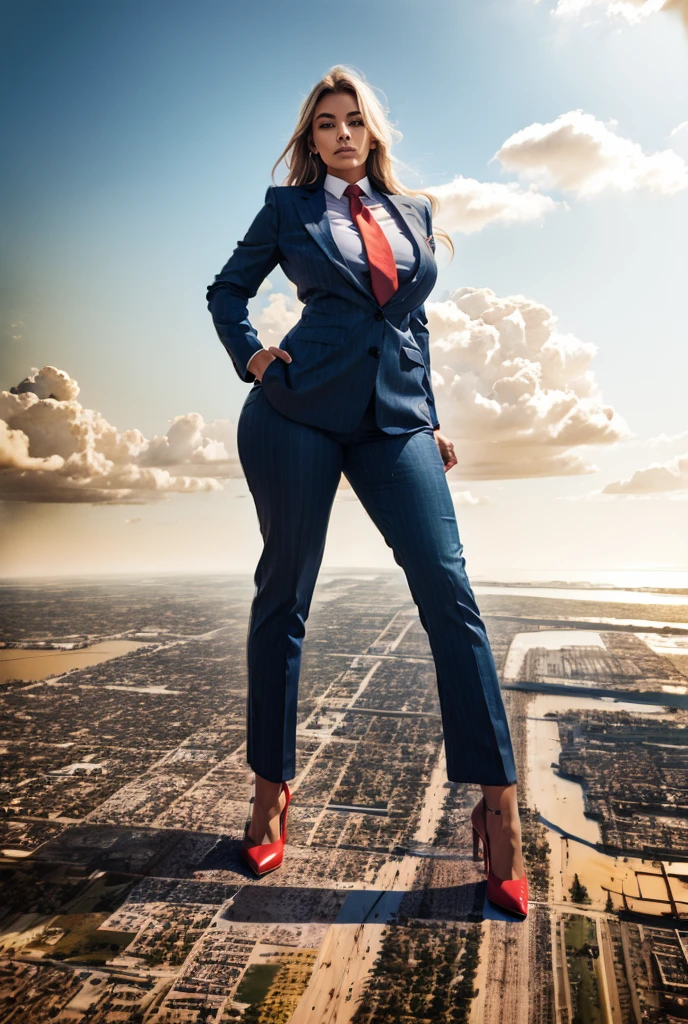 Giantess art, giga giantess, sophisticated and stylish woman in a light navy blue italian pinstriped trouser suit, form fitting crisp white office shirt, and a large wide red necktie in a windsor knot, with a beautiful, curvaceous figure, large natural breasts, and long wavey blonde hair, with a curvaceous figure and massive breasts. wearing red rounded court high heels with uncovered feet and standing, rampage-like pose, with a cityscape background of mega-city, urban sprawl, and small towns, partially obscured by a hazy, cloudy atmosphere. The image is a high-resolution, masterpiece-quality, cinematic, ultra-detailed, and hyper-photorealistic photograph, with perfect hands, face, and lighting. ultra-detailed, 8K, photo-realistic, hyper-realistic, masterpiece, intricate details, full body view. Looking at camera, The image is a high-resolution, masterpiece-quality, cinematic, ultra-detailed, and hyper-photorealistic photograph, with perfect hands, face, and lighting. ultra-detailed, 8K, photo-realistic, hyper-realistic, masterpiece, intricate details, full body view, view from below