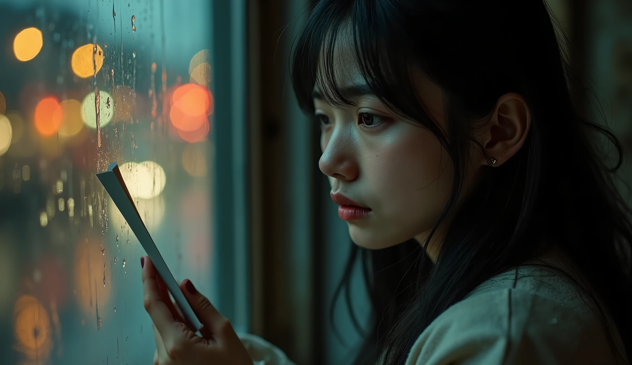 Arafed asian woman looking out a window at a city at night - SeaArt AI