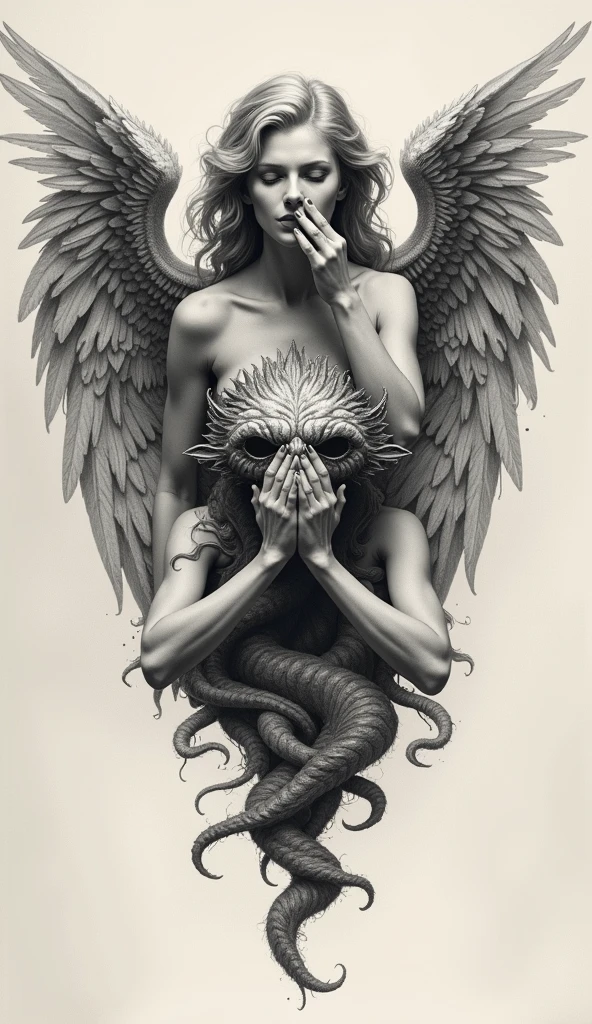 A tattoo design of a war between angels and demons slashing each other , black and white, arm sleeve,